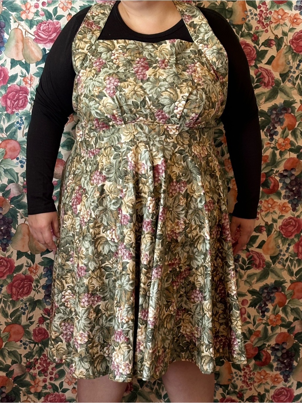 Plus-Size Olive Floral Midi Dress with Vine Print